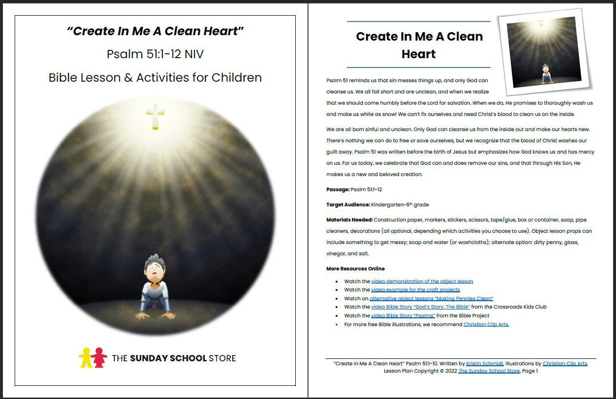 Create in Me a Clean Heart (Psalm 51) Printable Bible Lesson & Sunday School Activities - Image 2