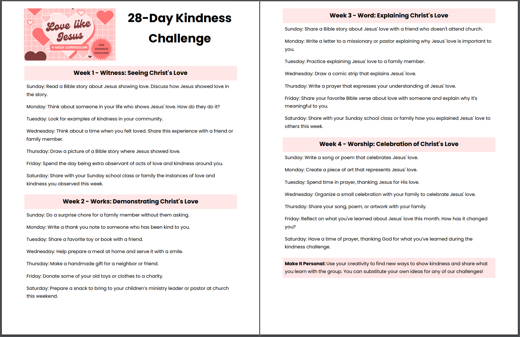 Love Like Jesus 💖 4-Lesson Sunday School Curriculum for Kids & 28-Day Kindness Challenge - Image 3