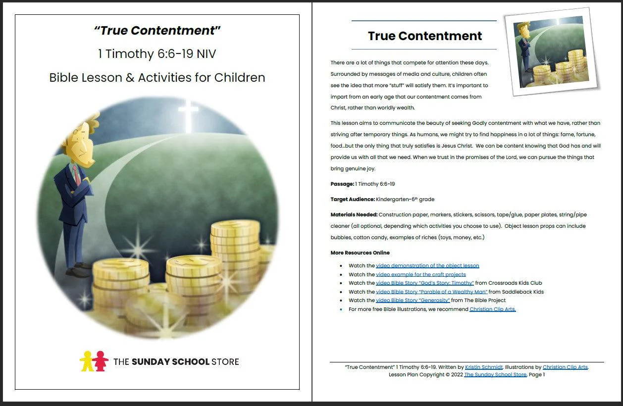 True Contentment Vs. Love of Money (1 Timothy 6:9-19) Printable Bible Lesson & Sunday School Activities - Image 2